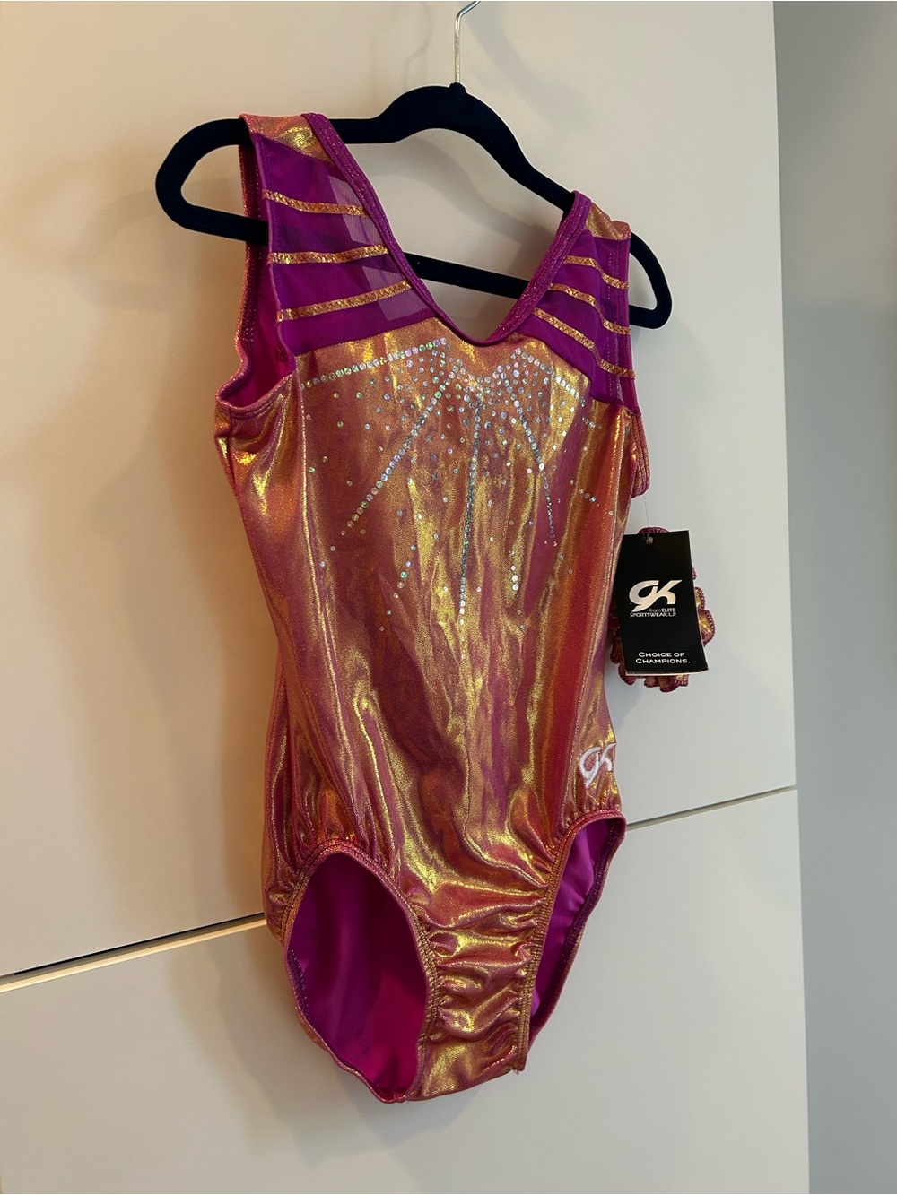 NWT GK® Girls' Shimmer Pink Gymnastics Leotard with Rhinestone Design - Size AM - Picture 9 of 12